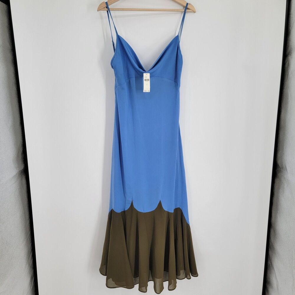 Anthropologie Womens S Blue Olive Colorblock Cowl Neck Maxi Slip Dress NWT